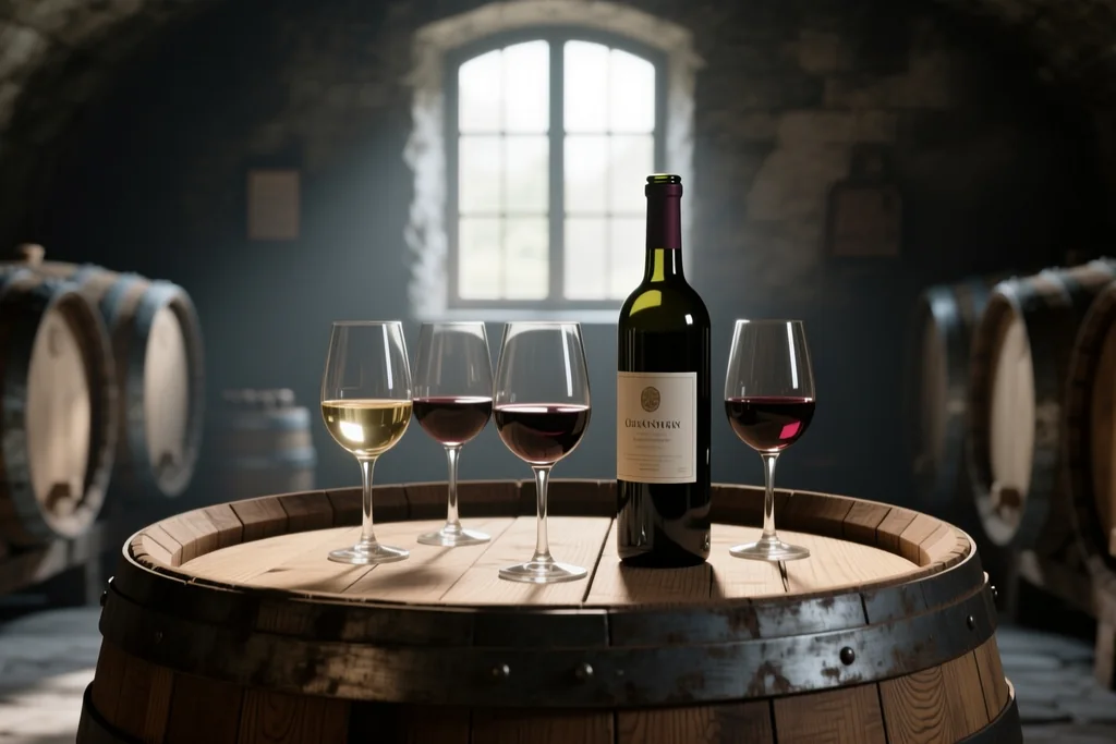Tave s maslinovim uljem i boce vina u kamenom podrumu