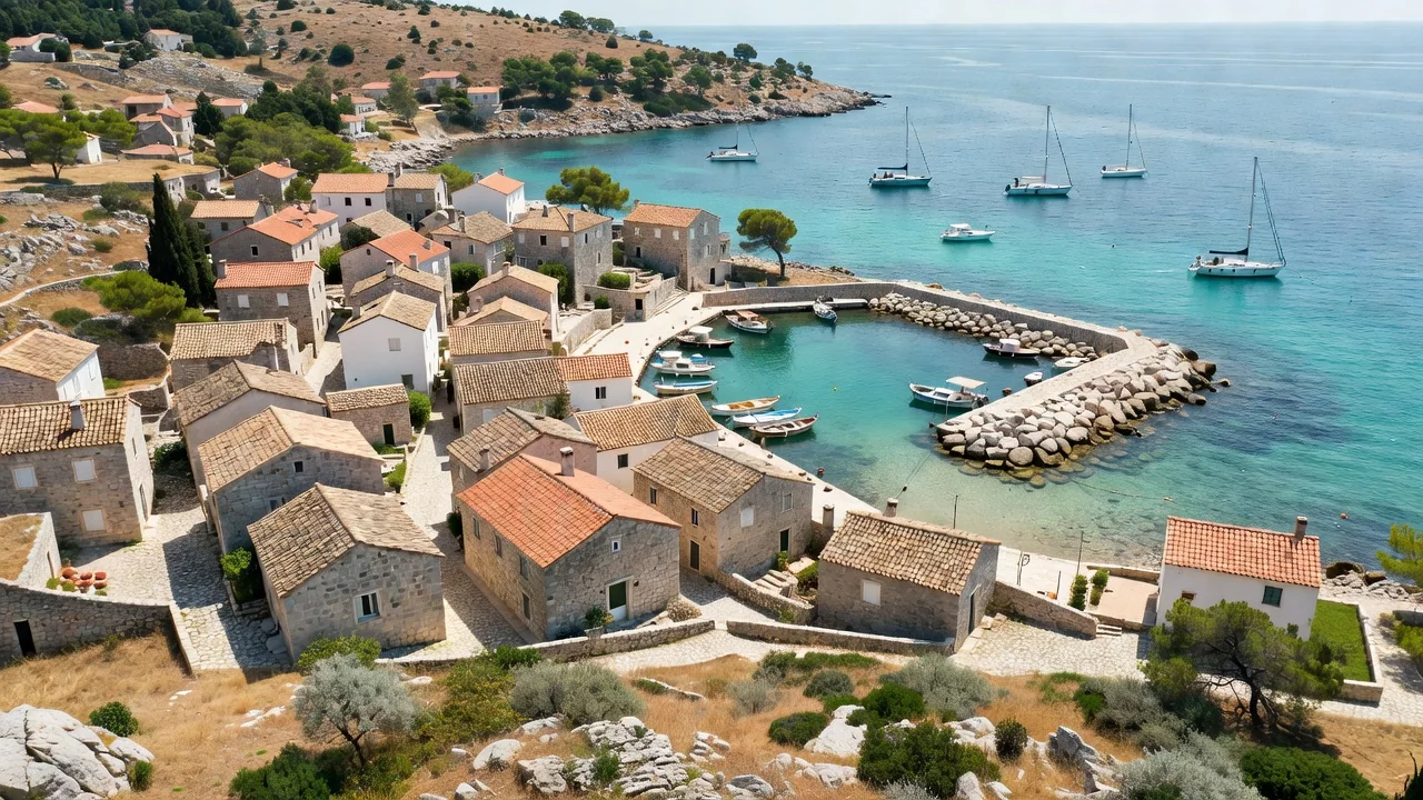 Jadranski otok s kamenim mjestom i marinom iz zraka